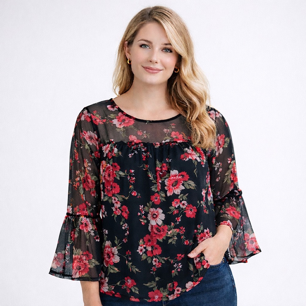 Bobbie Brooks Black Floral Sheer Mesh Blouse Bell Sleeve Boho‎ Small